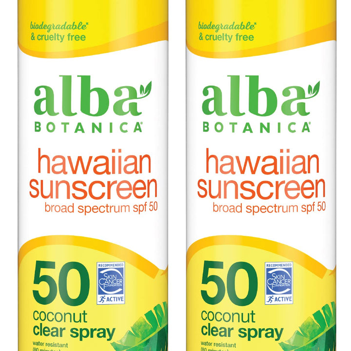 Alba Botanica Sunscreen Spray for Face and Body, Broad Spectrum SPF 50 Sunscreen, Hawaiian Coconut, Water Resistant and Biodegradable, 6 fl. oz. Bottle (Pack of 2) 6 Fl Oz (Pack of 2)