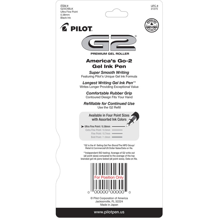 Pilot, G2 Premium Gel Roller Pens, Ultra Fine Point 0.38 mm, Pack of 4, Black 4 Count (Pack of 1)