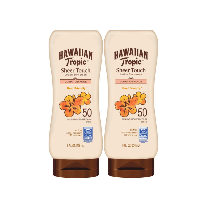 Hawaiian Tropic Sheer Touch Ultra Radiance Lotion Sunscreen SPF 50, 8oz Twin Pack | Hawaiian Tropic Sunscreen SPF 50, Sunblock, Oxybenzone Free Sunscreen, Body Sunscreen Pack, 8oz each 8 Fl Oz (Pack of 2)