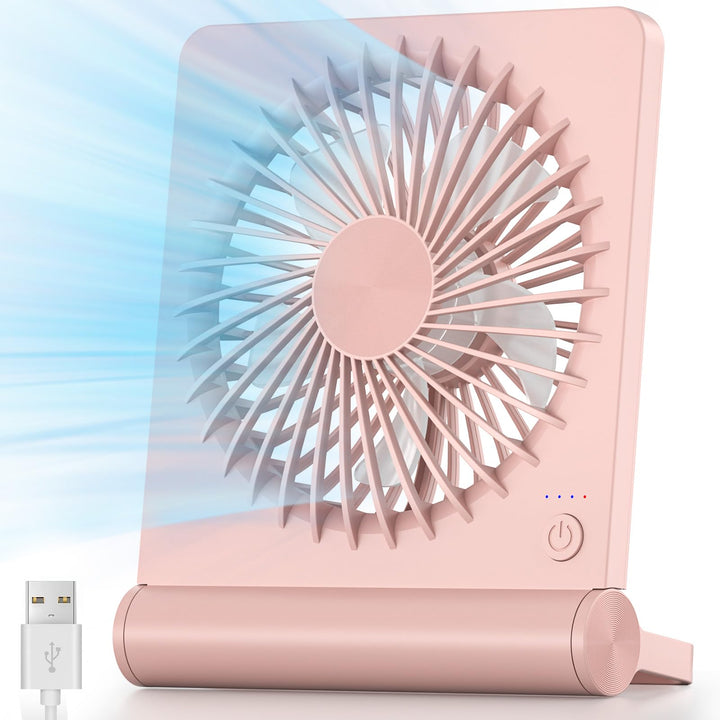 Koonie USB Fan, Strong Wind Ultra Quiet Small Desk Fan 220° Tilt Folding 3 Speeds Adjustable USB-C Corded Powered Personal Fan for Home Office Desktop Pink Pink without Battery 5.7in