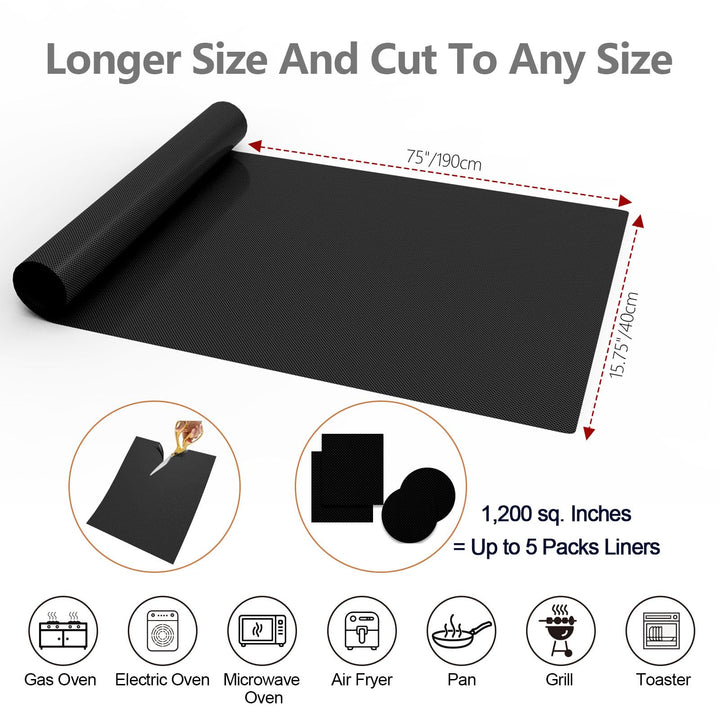 Extra Large Liner Roll for Oven,Stovetops & Grills 16x75 Inches Custom Cut to Size Thick Heavy Duty Non Stick Teflon Baking Mat with BPA and PFOA Free Reusable Stove Protector(Black) Black 75 Inch Roll