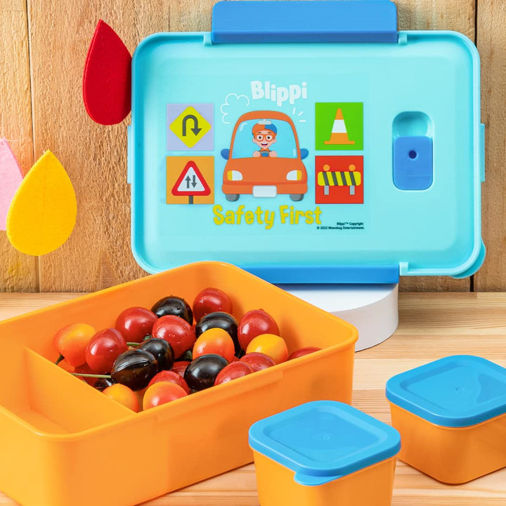 Zak Designs Blippi Reusable Plastic Bento Box with Leak-Proof Seal, Carrying Handle, Microwave Steam Vent, and Individual Containers for Kids' Packed Lunch (3-Piece Set)