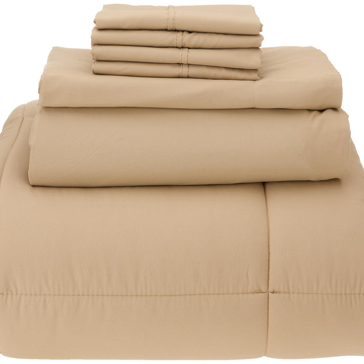 Sweet Home Collection 7 Piece Comforter Set Bag Solid Color All Season Soft Down Alternative Blanket & Luxurious Microfiber Bed Sheets, Taupe, Full 1