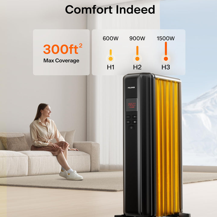 PELONIS Oil Filled Radiator, Electric Space Heater for Indoor Use Large Room with Thermostat & Remote, 3 Modes & 3 Heat Settings, ECO Mode, 24H Timer, Quiet, Overheat & Tip-Over Protection, 1500W Premium with LED Display Black