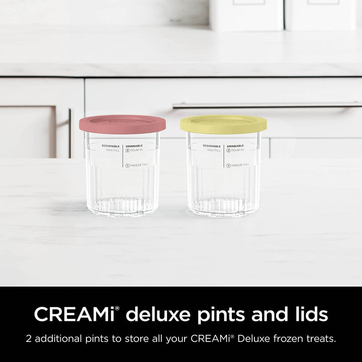 Ninja Creami Deluxe Pints 2 Pack, Compatible with NC500 Series Creami Deluxe Ice Cream Makers, Genuine Ninja Pint, BPA-Free & Dishwasher Safe, Color Lids, 1 Pint Each, Clear/Coral/Yellow, XSKPNTLD2?