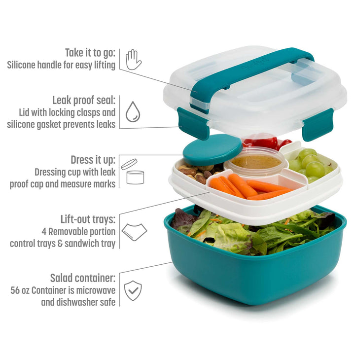 Goodful Stackable Lunch Box Container, Bento Style Food Storage with Removeable Compartments for Sandwich, Snacks, Toppings & Dressing, Leak-Proof and Made without BPA, 56-Ounce, Teal Adult Size