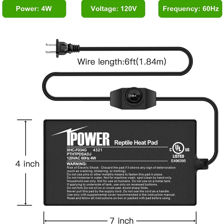 iPower 4 by 7-Inch 4 Watts Reptile Heating Mat with Temperature Controller Under Tank Warmer Terrarium Heat Pad for Reptiles and Amphibians, Black 4" x 7" Black/Heat Pad With Adjust Knob