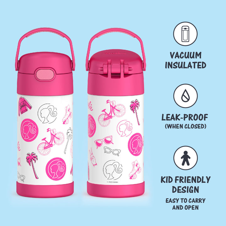 THERMOS FUNTAINER Water Bottle with Straw - 12 Ounce, Barbie - Kids Stainless Steel Vacuum Insulated Water Bottle with Lid Licensed Characters