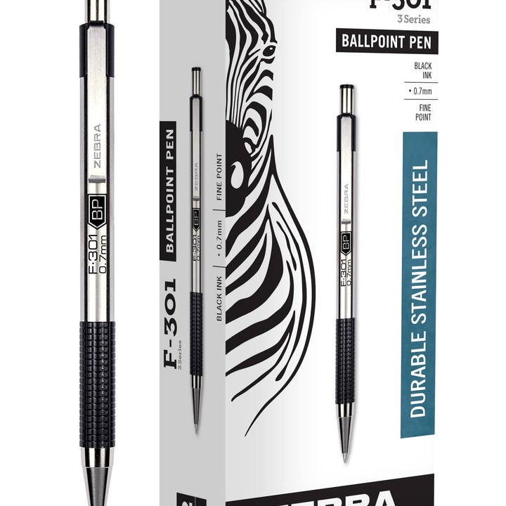 Zebra Pen F-301 Retractable Ballpoint Pen, Stainless Steel Barrel, Fine Point, 0.7mm, Black Ink, (Pack of 12)