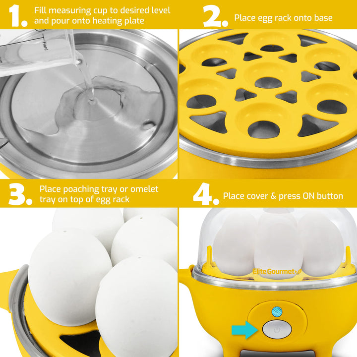 Elite Gourmet EGC-007Y# Rapid Egg Cooker, 7 Easy-To-Peel, Hard, Medium, Soft Boiled Eggs, Poacher, Omelet Maker, Auto Shut-Off, Alarm, 16-Recipe Booklet, Yellow 7 Egg