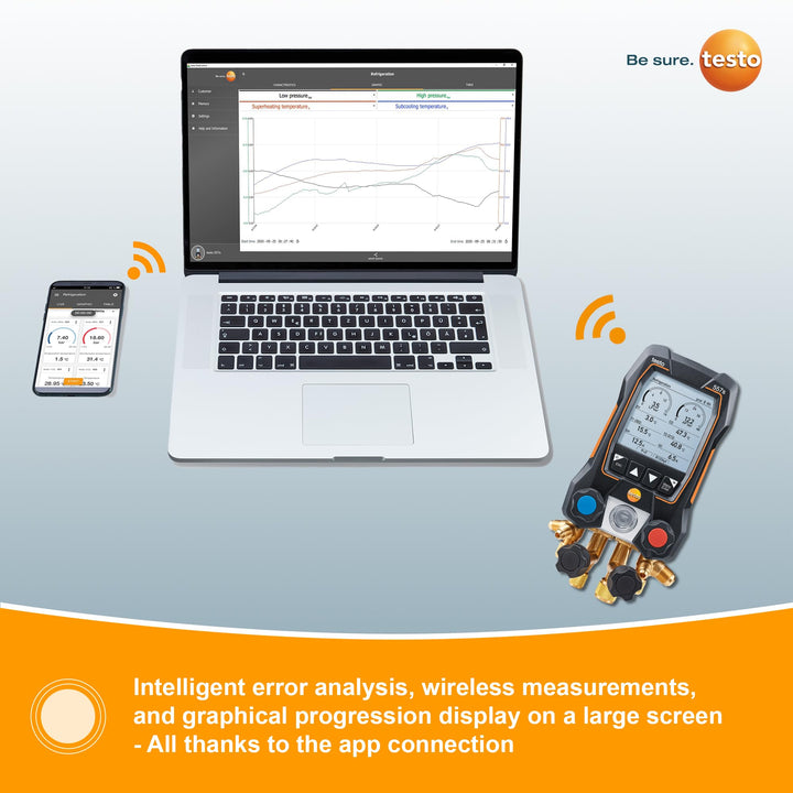 testo 557s AC Manifold Gauge Set – AC Recharge Kit with 2x testo 115i Pipe Clamp Thermometer, 1x testo 552i Micron Gauge, and 4x Hoses – AC Gauge Set with Bluetooth Vacuum Kit with 4 Hoses