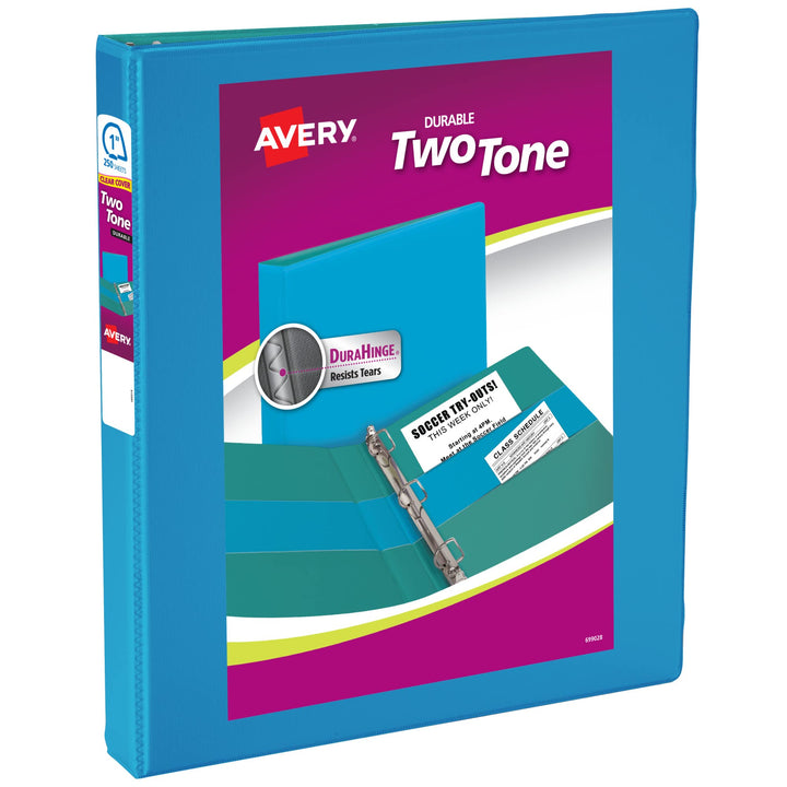 Avery Two-Tone Durable 3 Ring Binder, 1 Inch Slant Rings, Blue/Teal View Binder (17290) 1"