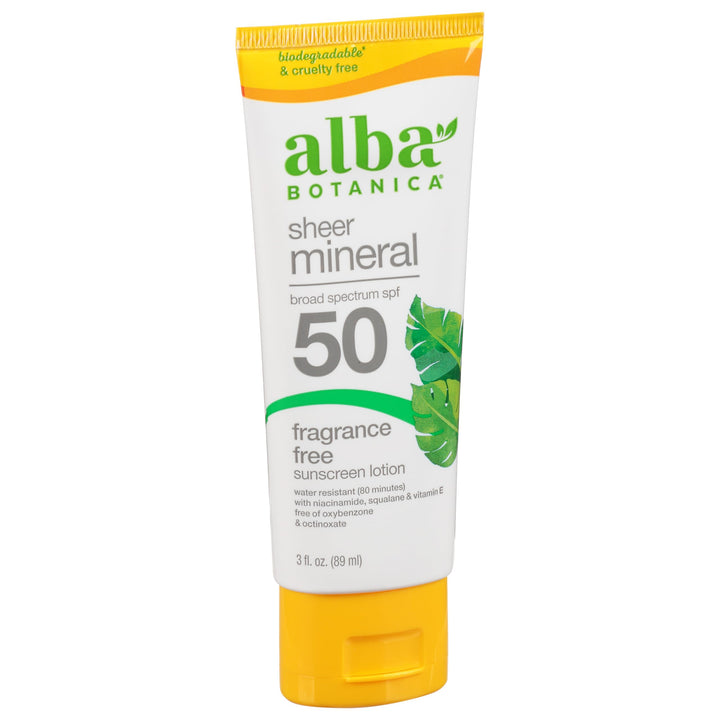 Alba Botanica Sheer Mineral Sunscreen Lotion, Broad Spectrum SPF 50, Fragrance Free, 3 fl oz 3 Fl Oz (Pack of 1)