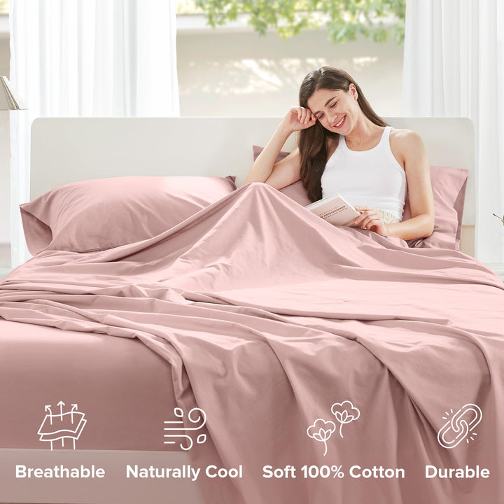 Comfort Spaces 100% Cotton Sheet Set Breathable, Lightweight, Soft with 14" Elastic Pocket Fits up to 16" Mattress, All Season Cozy Bedding, Matching Pillow Case, Queen Good Vibes 4 Piece