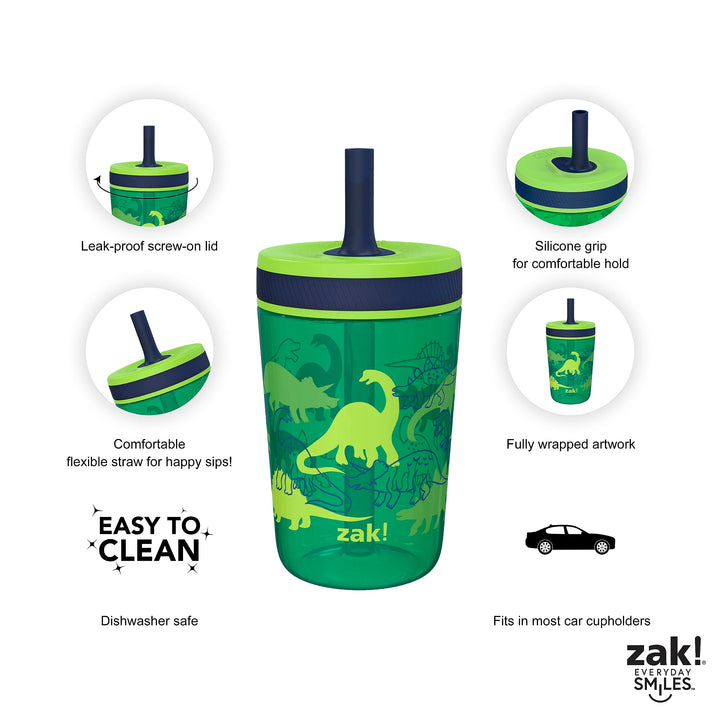 Zak Designs Dino Camo Kelso Tumbler 3pc Set, Leak-Proof Screw-On Lid with Straw, Bundle for Kids Includes Plastic and Stainless Steel Cups with Additional Sipper, 15 fluid ounces