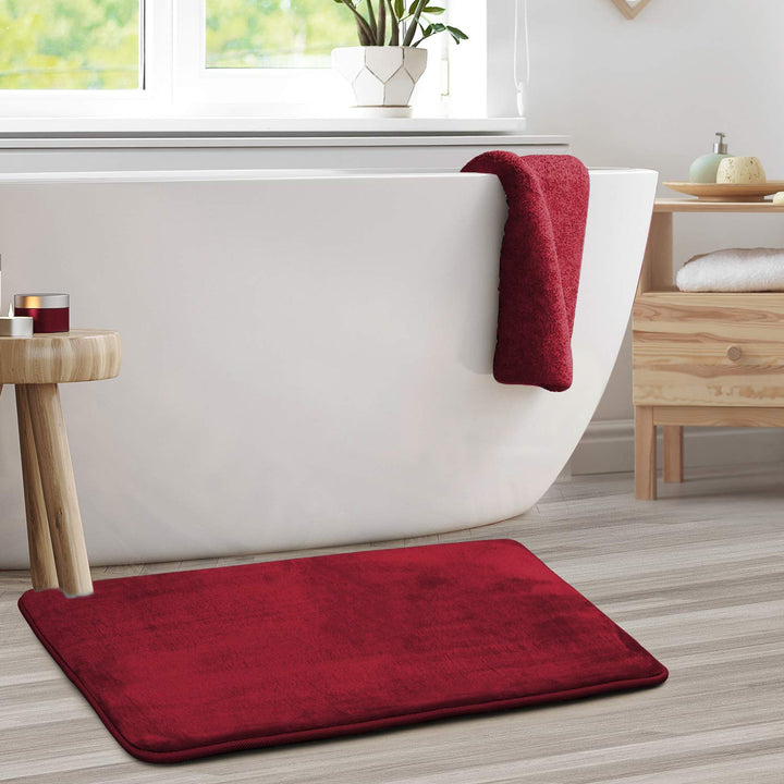 Clara Clark Bathroom Rugs, Velvet Memory Foam Bath Mat, Non-Slip, Machine Washable Bath Rugs - Dries Quickly, Ultra Soft Plush Bath Mats for Bathroom, 20 x 32, Burgundy Red Solid