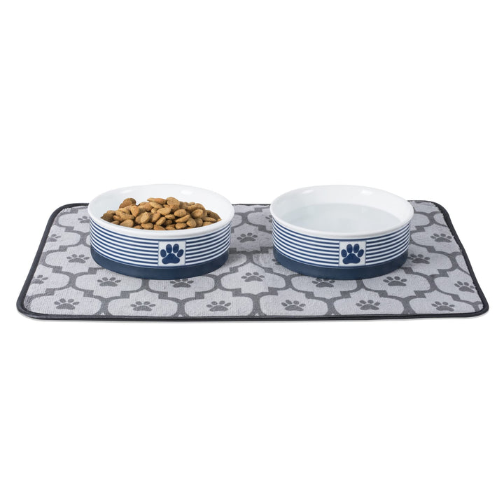 Bone Dry Paw & Patch Ceramic Pet Collection, Small Set, 4.25x2", Nautical Blue, 2 Piece Small Bowl Set, 4.25x2"