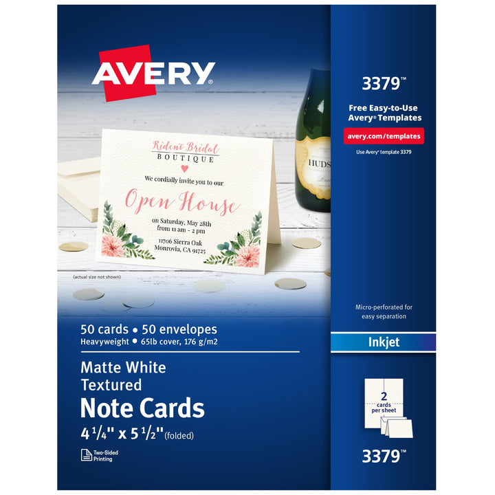 Avery Printable Note Cards with Envelopes, 4.25" x 5.5", Textured White, 50 Blank Note Cards for Inkjet Printers (03379) 50 cards