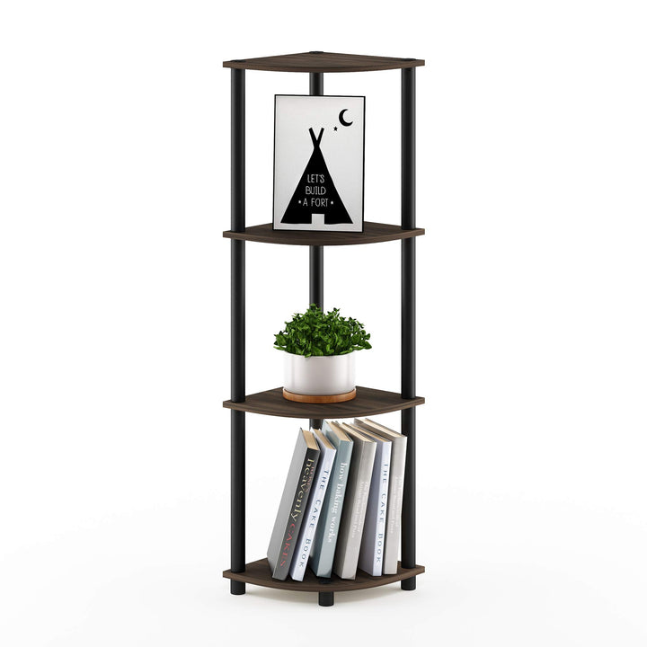 Furinno Turn-N-Tube 4-Tier Corner Display Rack Multipurpose Shelving Unit, Dark Brown Grain/Black 4-Tier Round Tube