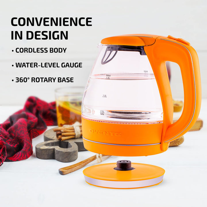 OVENTE Glass Electric Kettle Hot Water Boiler 1.5 Liter Borosilicate Glass Fast Boiling Countertop Heater - BPA Free Auto Shut Off Instant Water Heater Kettle for Coffee & Tea Maker - Purple KG83P