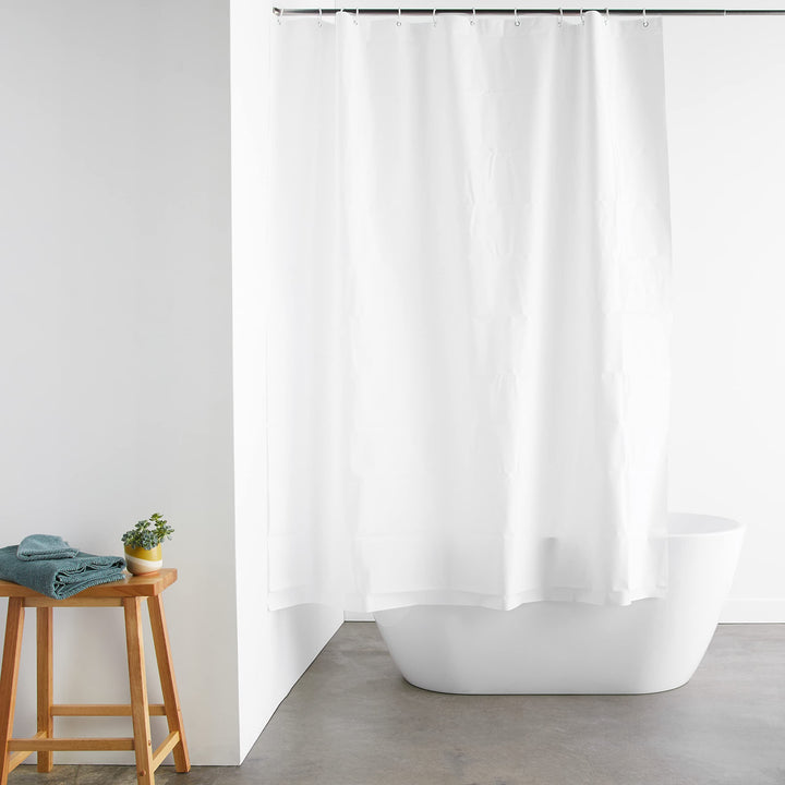 Basics Water Resistant 8-Gauge PEVA Shower Curtain Liner with Metal Grommets and Plastic Hooks, 78"L x 72"W, White 72" x 78"