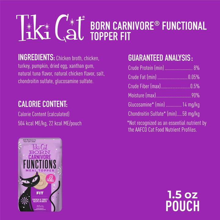 Tiki Cat Born Carnivore Functions Fit, Chicken & Turkey Recipe in Broth, Formulated to Support Optimal Body Condition, Mousse Cat Food Topper, 1.5 oz. Pouch (12 Count)