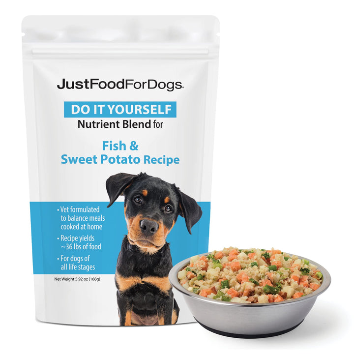 JustFoodForDogs DIY Nutrient Blend for Homemade Dog Food, Fish & Sweet Potato Recipe, 5.92oz Pack of 1