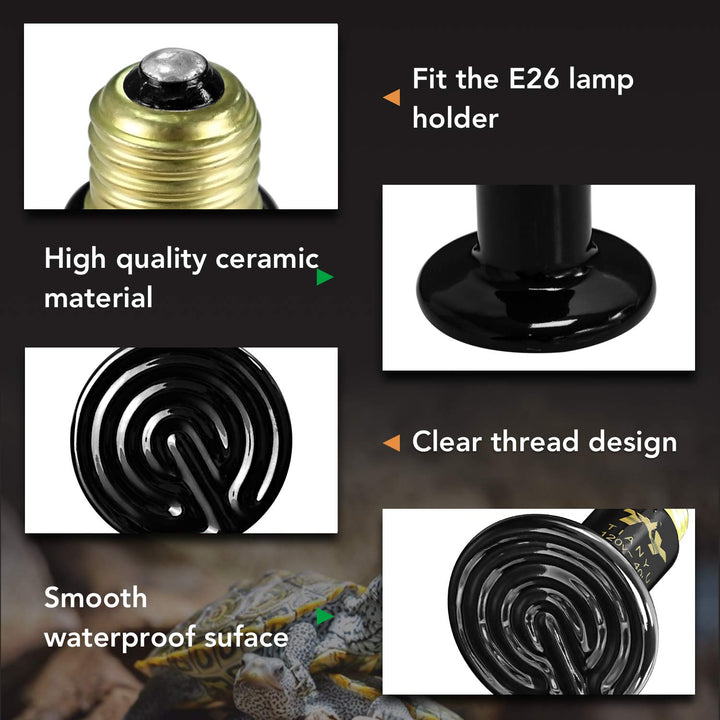 Simple Deluxe 40W Reptile Heat Lamp Bulb No Light Ceramic Heat Emitter Brooder Coop Heater Black/1-pack 40 Watts