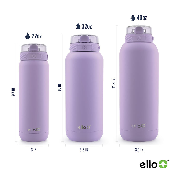 Ello Cooper Stainless Steel Water Bottle with Straw and Carry Handle, Double Walled and Vacuum Insulated Metal, Leak Proof Locking Lid with Soft Silicone Spout, Reusable, BPA Free, 22oz, 32oz, 40oz Lilac