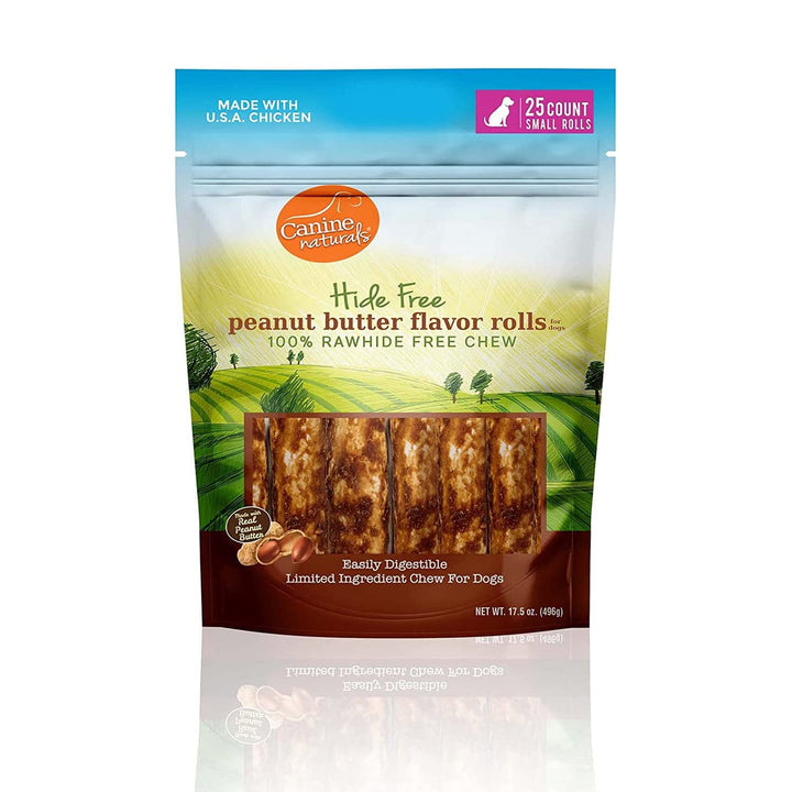 Canine Naturals Peanut Butter Chew - 100% Rawhide Free Dog Treats - Made with Real Peanut Butter - All-Natural and Easily Digestible - 25 Pack of 2.5" Mini Rolls for Dogs Under 20lb