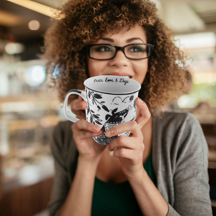 Karma Gifts 16 oz Black and White Boho Mug Dog - Cute Coffee and Tea Mug - Ceramic Coffee Mugs for Women and Men 16 Ounces