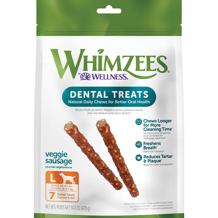 WHIMZEES Natural Grain Free Daily Dental Long Lasting Dog Treats, Veggie Sausage, Large, Bag of 7