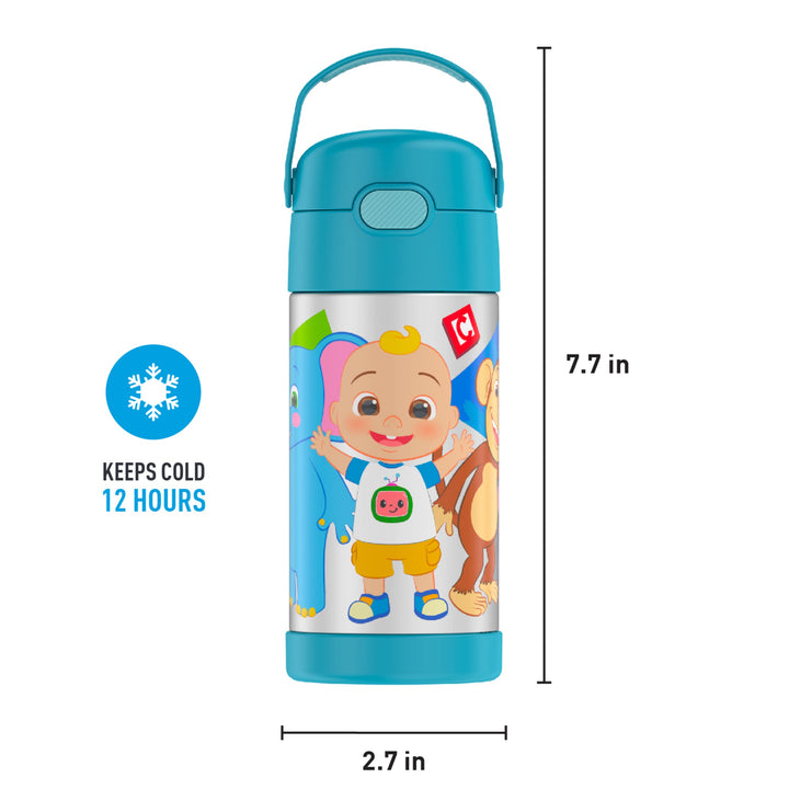 THERMOS FUNTAINER Water Bottle with Straw - 12 Ounce, Cocomelon - Kids Stainless Steel Vacuum Insulated Water Bottle with Lid Licensed Characters