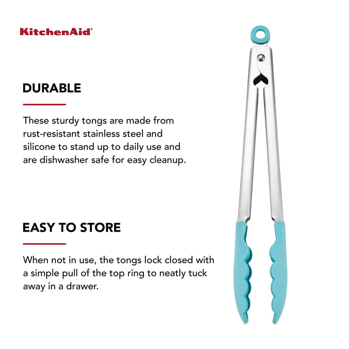 KitchenAid Silicone Tipped Stainless Steel Tongs, 12 Inch, Aqua Sky