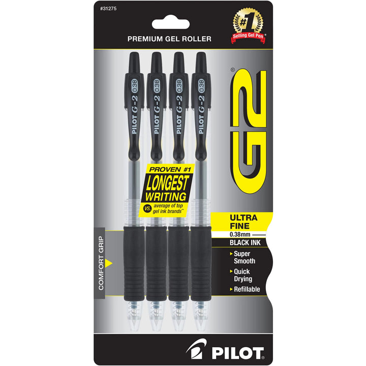 Pilot, G2 Premium Gel Roller Pens, Ultra Fine Point 0.38 mm, Pack of 4, Black 4 Count (Pack of 1)