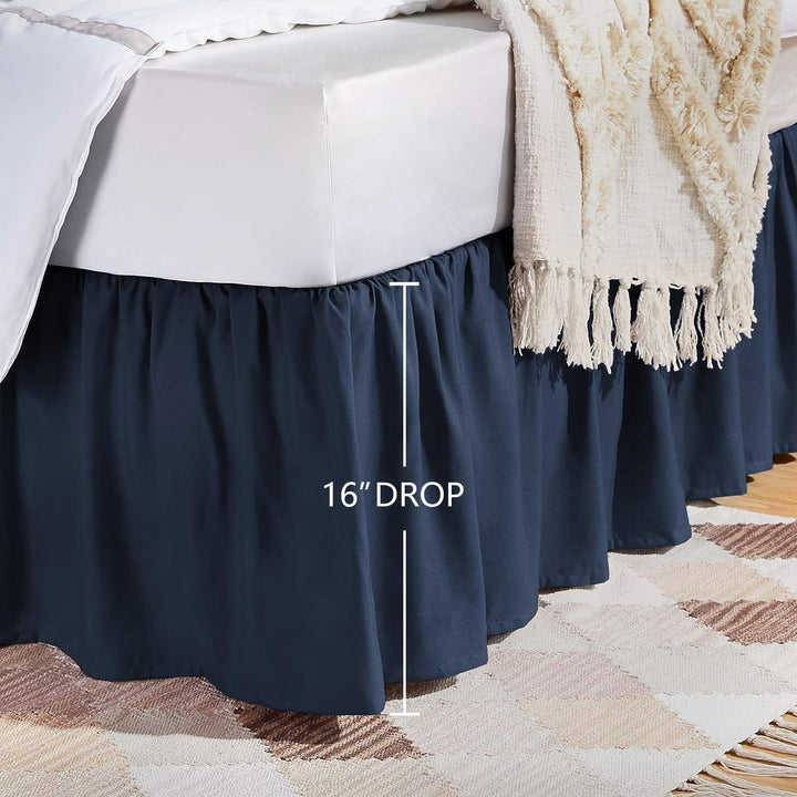 Basics Lightweight Ruffled Bed Skirt, Classic Style, Soft and Stylish 100% Microfiber with 16" drop-Queen, Navy Blue, Solid Queen