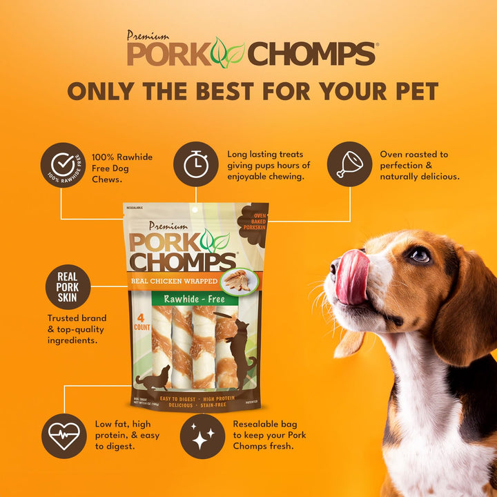 Pork Chomps Baked Pork Skin Dog Chews, 6-inch Twists, Real Chicken Wrap, 4 Count 4 Count (Pack of 1)