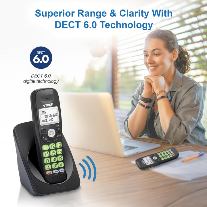 [New] VTech VG131-11 DECT 6.0 Cordless Phone - Bluetooth Connection, Blue-White Display, Big Buttons, Full Duplex, Caller ID, Easy Wall Mount, 1000ft Range (Black) CID + BT Black