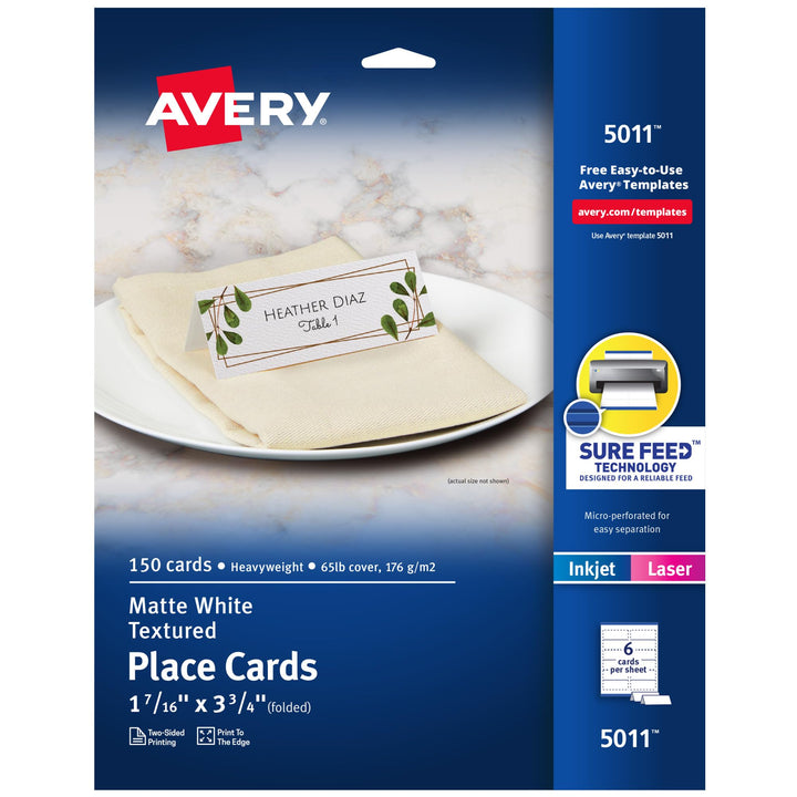 Avery Printable Place Cards with Sure Feed Technology, 1-7/16" x 3-3/4", Textured White, 150 Blank Place Cards for Laser or Inkjet Printers (05011)