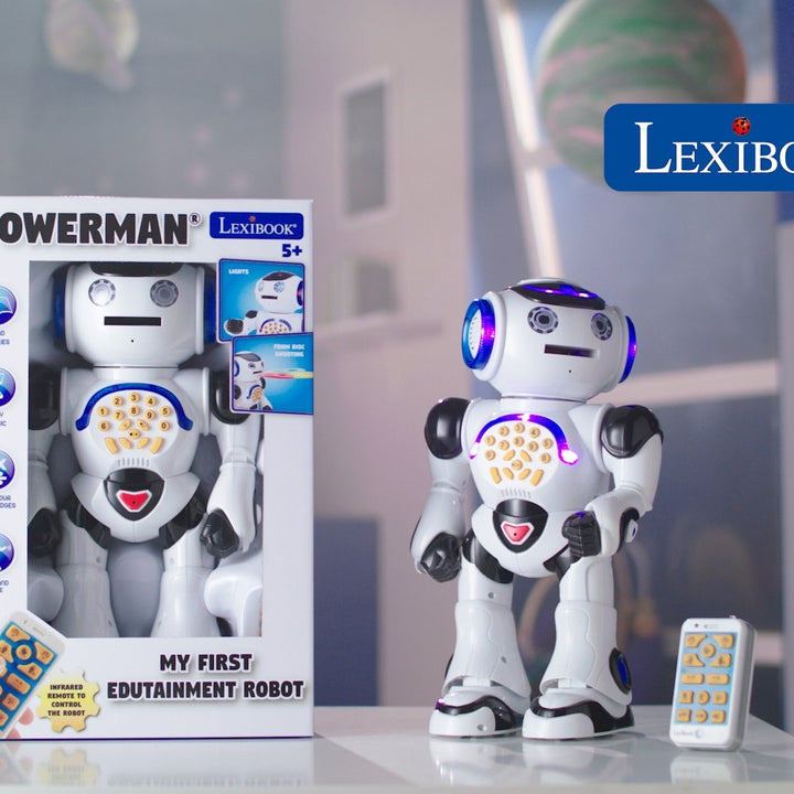 LEXIBOOK Powerman - Remote Control Walking Talking Toy Robot, Dances, Sings, Reads Stories, Math Quiz, Shooting Discs, and Voice Mimicking, for Kids 4+ - ROB50US