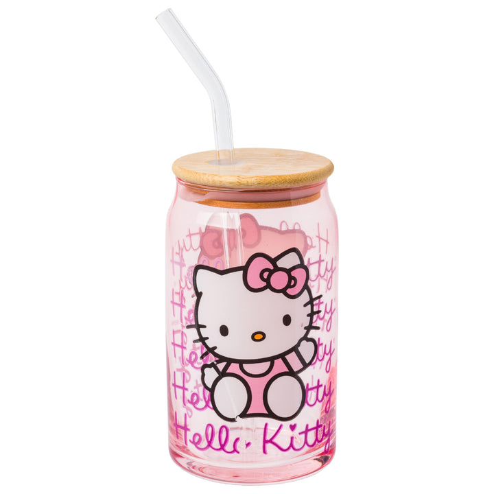 Silver Buffalo Sanrio Hello Kitty Glass Tumbler with Bamboo Lid and Glass Straw, 16 Ounces Multicolor
