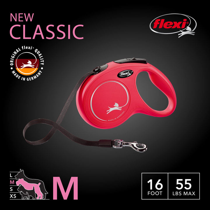 FLEXI New Classic Retractable Dog Leash (Tape), 16 ft, Medium, Red, (Model: CL2MT5.250.R) Medium - 16