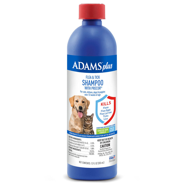 Adams Plus Flea & Tick Shampoo with Precor for Cats, Kittens, Dogs & Puppies Over 12 Weeks Of Age Sensitive Skin Flea Treatment | Kills Adult Fleas, Flea Eggs, Ticks, and Lice