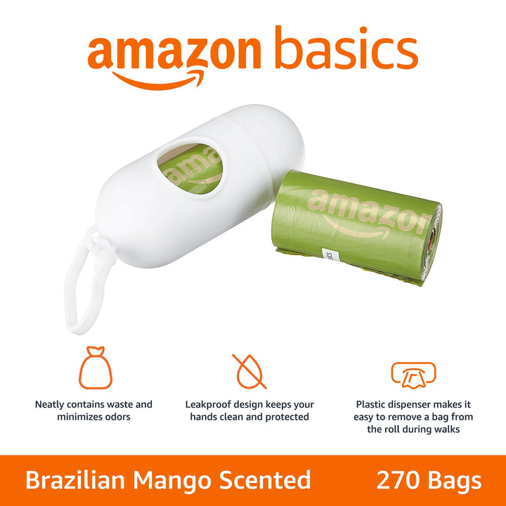 Basics Dog Poop Bags With Dispenser and Leash Clip, Brazilian Mango Scented, 270 Count, 18 Pack of 15, 13 Inch x 9 Inch 15 Count (Pack of 18)