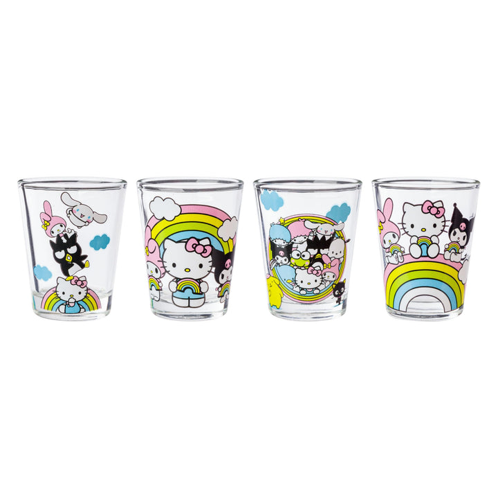 Silver Buffalo Sanrio Hello Kitty and Friends Rainbow Featuring Badtz-Maru, My Melody, Cinnamoroll, Kuromi, Little Twin Stars, Pochacco, Keroppi, Tuxedo Sam, and Chococat 4 Pack Mini Glass Set, 1.5oz