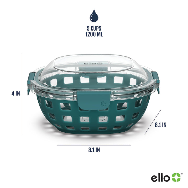 Ello DuraGlass Food Storage Glass Lunch Bowl Container - Meal Prep Container with Silicone Sleeve and Airtight Lid, 5 Cup, Teal