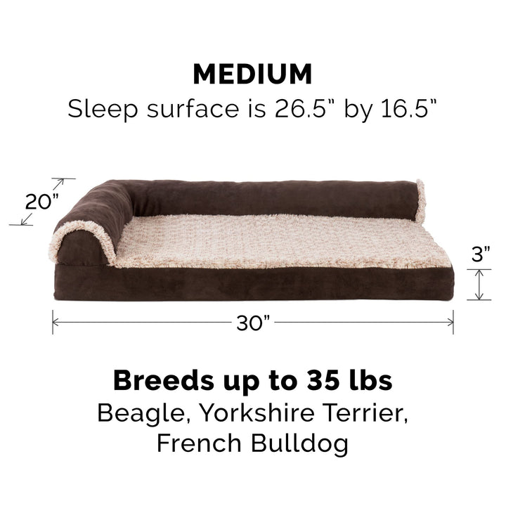 Furhaven Replacement Dog Bed Cover Two-Tone Faux Fur & Suede L Shaped Chaise, Machine Washable - Espresso, Medium Cover Only 30.0"L x 20.0"W x 0.3"Th (Two-Tone Faux Fur & Suede) Espresso