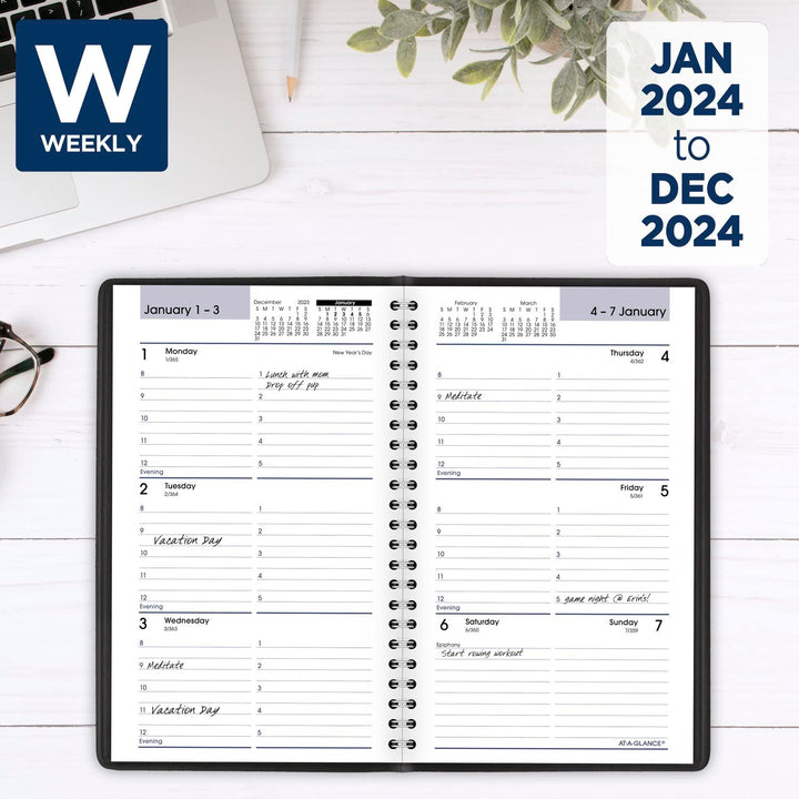 AT-A-GLANCE 2024 Weekly Appointment Book & Planner, DayMinder, 5" x 8", Small, Spiral Bound, Black (G2000024) 2024 New Edition