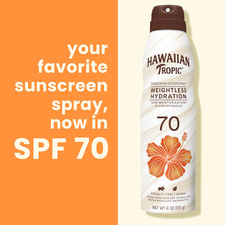 Hawaiian Tropic Weightless Hydration Clear Spray Sunscreen SPF 70, 6oz | Hawaiian Tropic Sunscreen SPF 70, Sunblock, Oxybenzone Free Sunscreen, Spray On Sunscreen, Body Sunscreen Spray, 6oz 6 Ounce (Pack of 1)