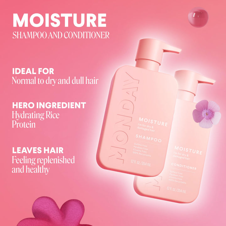 MONDAY HAIRCARE Moisture Shampoo and Conditioner Set 12oz for Dry, Curly Hair + Hair Gummies for Thicker and Stronger Hair (60 count) Strawberry Flavored